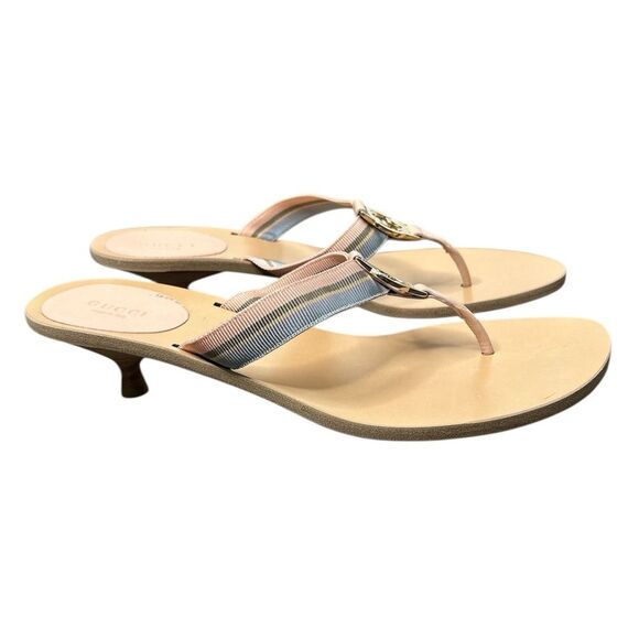 GUCCI GG Kitten Heel Beige Sandals Web Canvas Pink Blue Striped Thong Size 9.5 - Picture 5 of 9